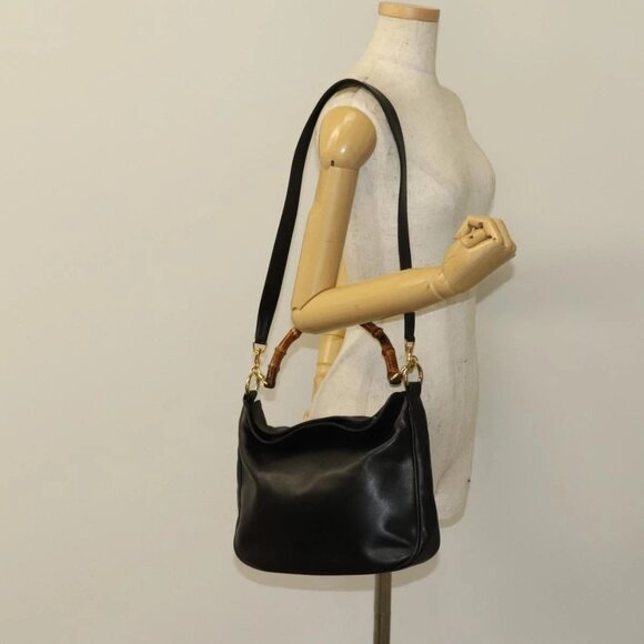 GUCCI Bamboo Shoulder Bag Leather 2way Black Gold 001 1781 1638 Auth 136183 - Picture 3 of 16